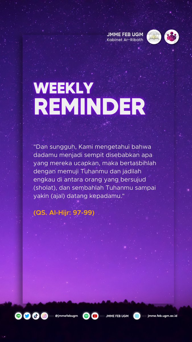 Ketika ajakan kita dibalas dengan cemoohan dan ketidakpedulian, tetap sabar dan semangat. Kemudian, bertasbih, berdzikir, dan beribadahlah sebagai penenang hati dari segala kerisauan.

#reminder #dzikir #sabar #semangat