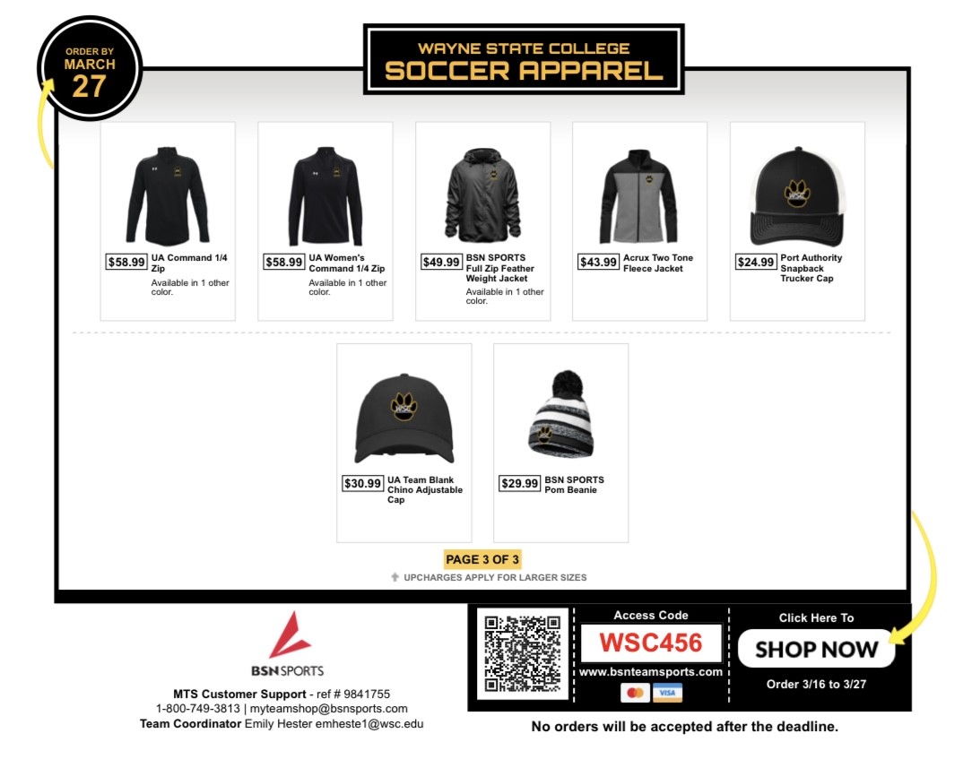WayneStSoccer's tweet photo. Calling all Wildcat Fans! If you want official WSC Soccer apparel, now is your chance! 

Deadline is March 27th! All orders will be delivered to your address. #GoCats ⚽️🐯

https://t.co/e3nLvDBiwN https://t.co/ai3n8UKAfP
