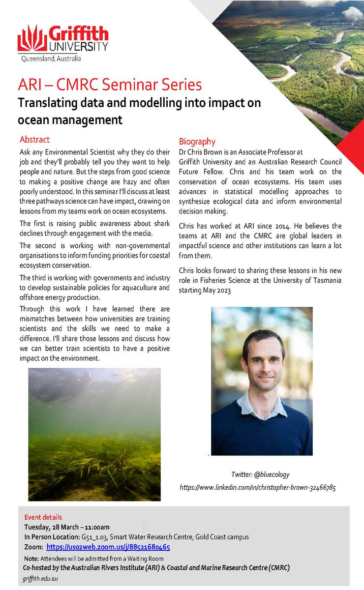 Don't miss next weeks ARI Seminar co-hosted by the #Coastal & #Marine Research Centre. Assoc Prof Chris Brown @bluecology will use his teams work to outline steps to translate good science into practical impacts on the management of #ocean ecosystems @GU_Sciences @Griffith_SciEnv