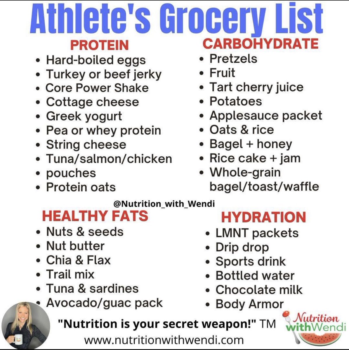 Portable Pantry List for Student-Athletes 
🎒Fruit
🎒Jerky
🎒Trail mix
🎒Electrolytes
🎒Apple sauce
🎒Greek yogurt
🎒Cheese stick
🎒Protein drinks
🎒Turkey sandwich
🎒Hard-boiled eggs
🎒Protein muffin cups

🎤Ideas we present when speaking to high school &amp; college teams.