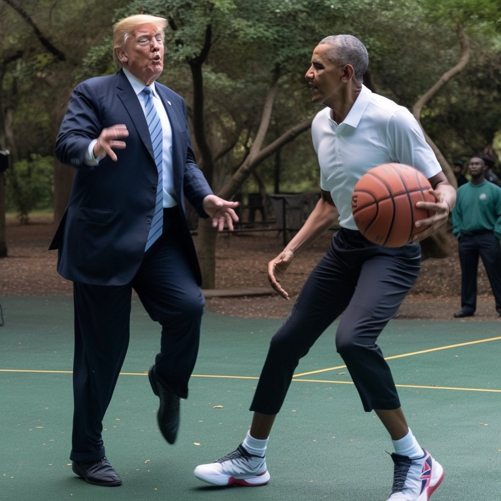 Fairly photorealistic depiction of Donald Trump and Barack Obama playing basketball.