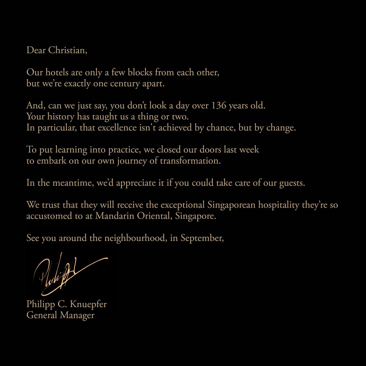 MO_SINGAPORE's tweet photo. Dear Mr. Christian Westbeld, General Manager of the @RafflesHotelSIN, it’d be an honour to have you look after our guests. https://t.co/2QnhQ7o8uY