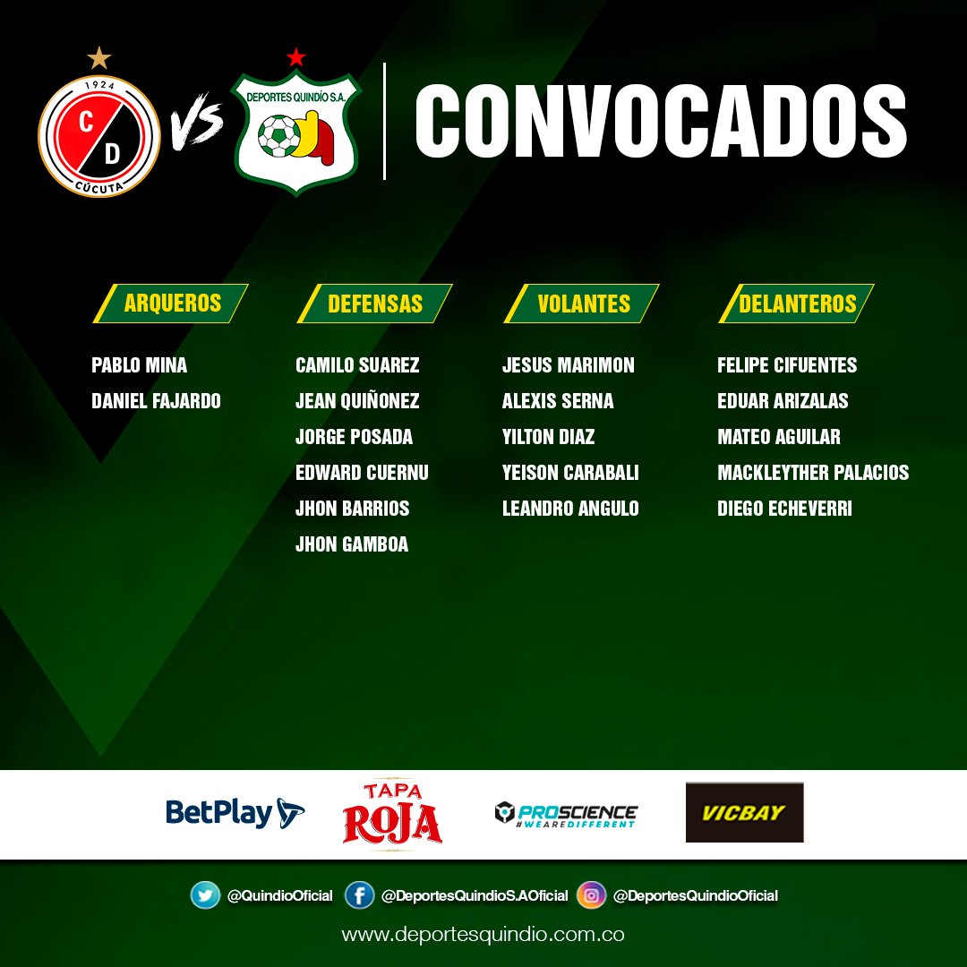 QuindioOficial's tweet photo. Estos son los jugadores que enfrentarán a Cúcuta Deportivo por la fecha 8💚🤍💛

#VamosQuindio https://t.co/wGKVbXdLY4