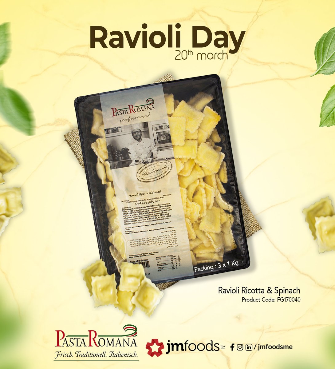 Tasty and hearty #Ravioli filled with creamy ricotta and chunky leaf spinach. Easy to cook and prepared according to classic Italian recipe. 🍽️

#ravioliday #ravioliricottaspinach #pastaromana #raviolipasta #horeca #retail #foodservice #foodandbeverages #uae #fooddistributor