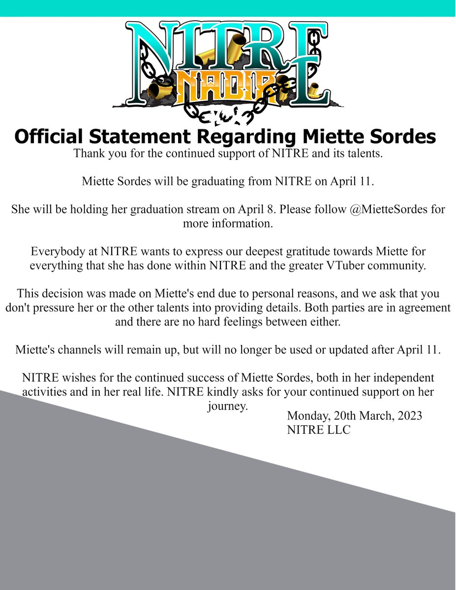 NITREOfficial's tweet photo. [Announcement]

Official announcement of the graduation of Miette Sordes. Please be sure to check out @MietteSordes   
for her official announcement.

We apologize for the suddenness of this announcement, and we hope that you will continue supporting the rest of the NITRE talents https://t.co/oHrqGrE1CW