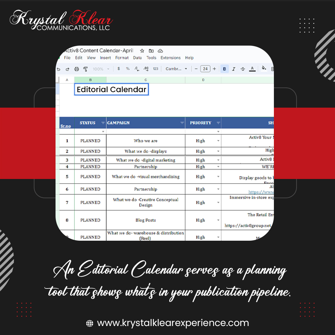 krystalklearex's tweet photo. Get organized and #plan ahead with an editorial calendar! 
An #editorialcalendar is a #planningtool that allows publishers to organize and #schedule their #contentproduction in advance. 
Let us know your go-to strategy in the comments! https://t.co/9Id73ny0FA