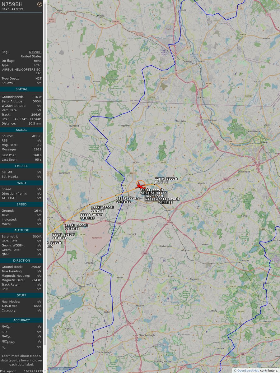 AboveGroton's tweet image. ICAO: AA3B99
Flt: N759BH #AIRMETHODS
First seen: 2023/03/20 00:41:52
Min Alt: 450 ft MSL
Min Dist: 0.03 mi

#planefence #adsb - facebook.com/GrotonAyerBuzz
globe.adsbexchange.com/?icao=aa3b99