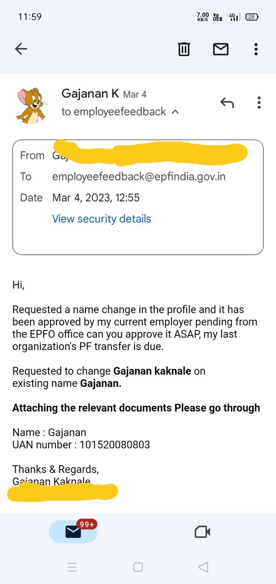 GKaknale's tweet photo. It's been around more than 1 month i requested for name change in EPFO portal,Employer has varified the name change but its pending at pune divisional EPFO office. It's urgent can you guys look into this matter.
UAN number: 101520080803
@socialepfo https://t.co/am0aML2wbz