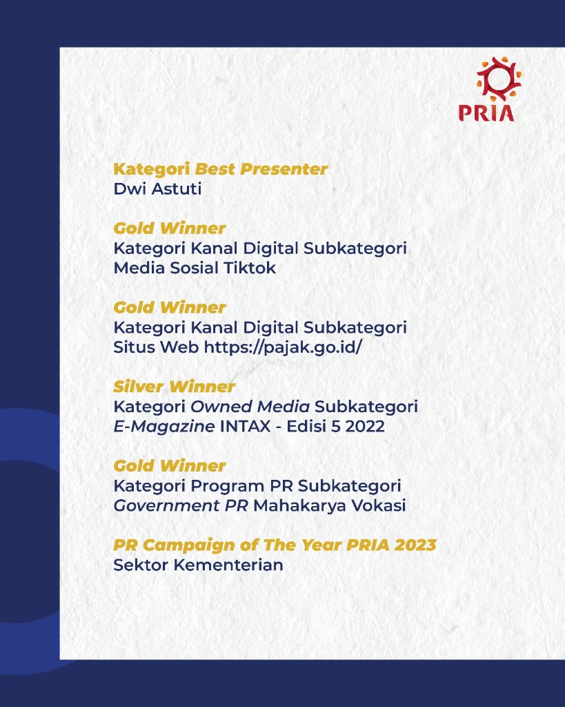 Direktorat Jenderal Pajak meraih enam penghargaan kehumasan  dalam ajang PR Indonesia Award 2023: 

Selengkapnya:

pajak.go.id/id/berita/djp-…