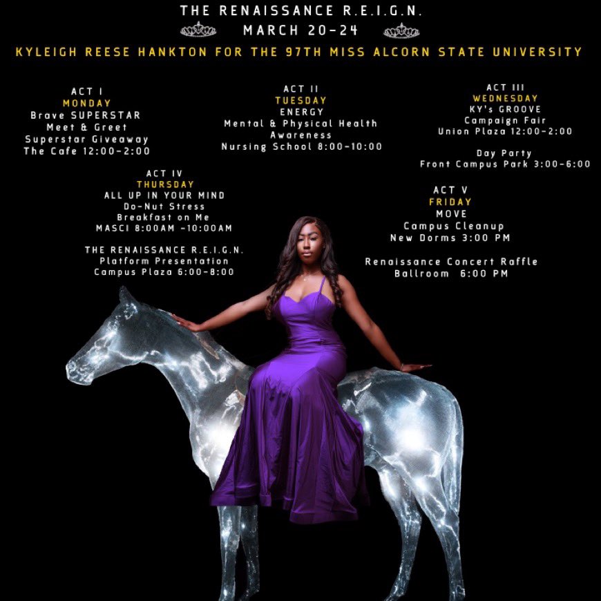This is why I live, sweet moments like this"
-Beyoncé
Greetings! My name is Kyleigh Reese Hankton, a Senior Biology major hailing from the great city of Zachary, Louisiana. I am vying to be your 97th Miss Alcorn State University exemplifying the Renaissance R.E.I.G.N.
W8У