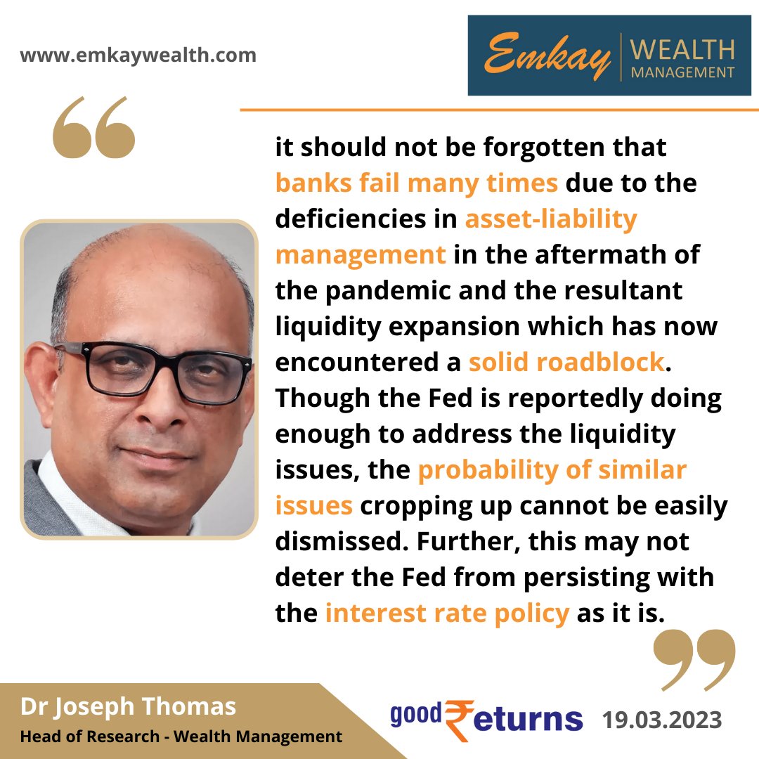 EmkayWealth's tweet photo. Recent concerns in banking sector created waves of alert with leading economists monitoring the impact closely. Our Head Research, Dr @josephthomask shares views on this perspective feat @GoodReturnsIN 

https://t.co/88Iz0GoB8l

#News #Banking #SVBCrash #Breaking #GlobalTrack https://t.co/rUieDdwNyP