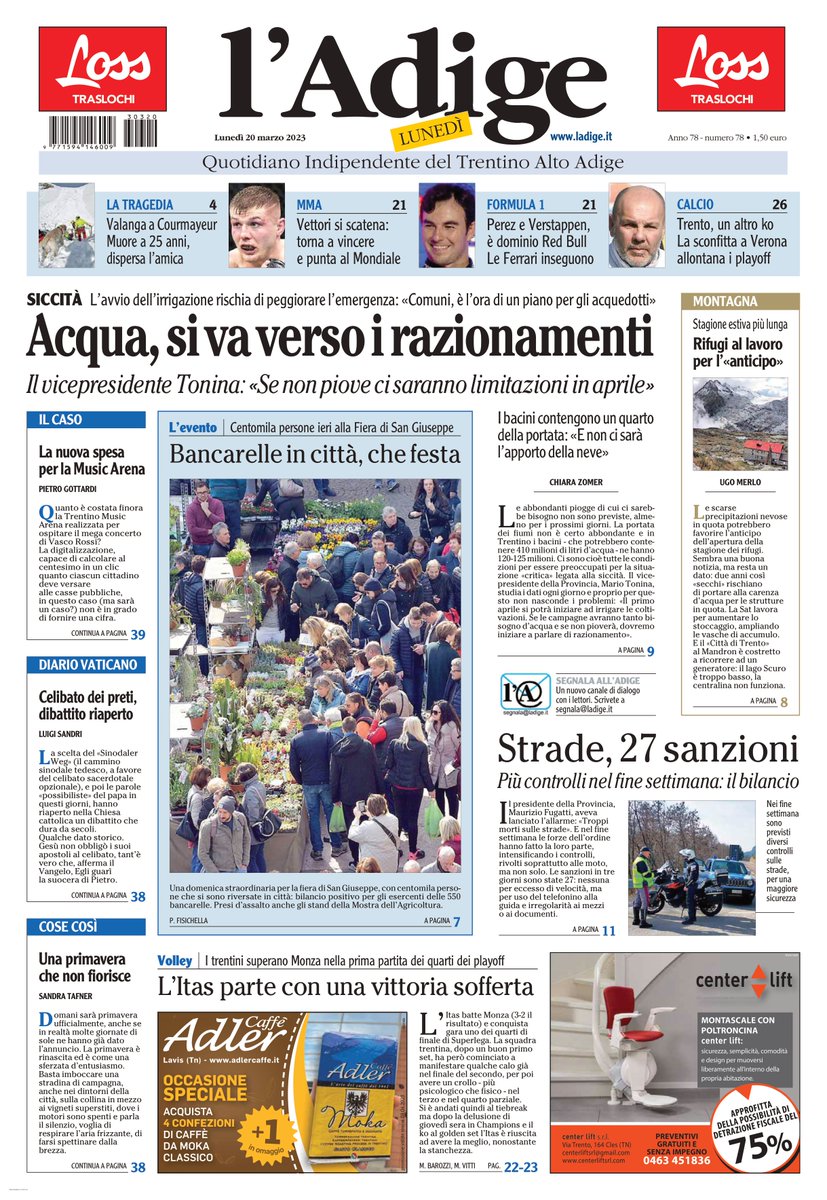 TgrRaiTrentino's tweet photo. Oggi nelle edicole trentine solo #ladige: ecco la prima pagina e le notizie di #volley e #calcio #serieC #IoSeguoTgr https://t.co/ACYAv0Y5sk