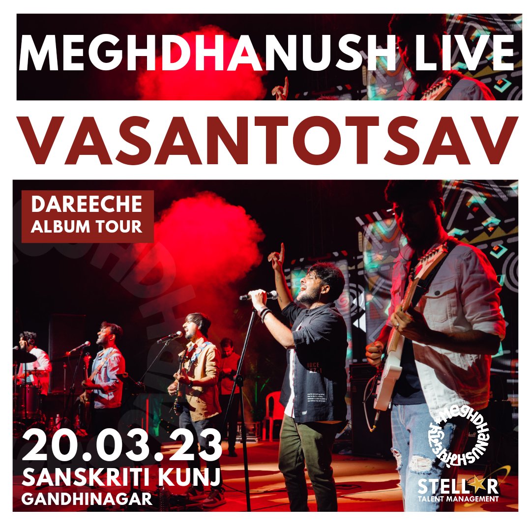 TalentStellar's tweet photo. #Gandhinagar, Meghdhanush is all set for an open concert for you all, at Vasantotsav, Sanskruti Kunj! π«
Catch them on stage at #Vasantotsav tonight!
See you there!
#Meghdhanush #MeghdhanushLive #MDLive #OpenConcert #SanskrutiKunj #NewAlbum #Dareeche #StellarTalentManagement https://t.co/ik1C1JPtoT