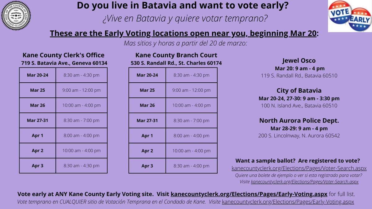 Expanded #EarlyVoting begins today in #KaneCounty. Our Votemobiles are at <a href="/jewelosco/">Jewel-Osco</a> in <a href="/CityofAuroraIL/">City of Aurora, IL</a> &amp; <a href="/cityofbataviaIL/">Batavia, Illinois</a> today until 4pm, but you can vote early at any Early Voting site in the county. 
Find a list of all EV locations, dates, &amp; times at kanecountyclerk.org/Elections/Page….