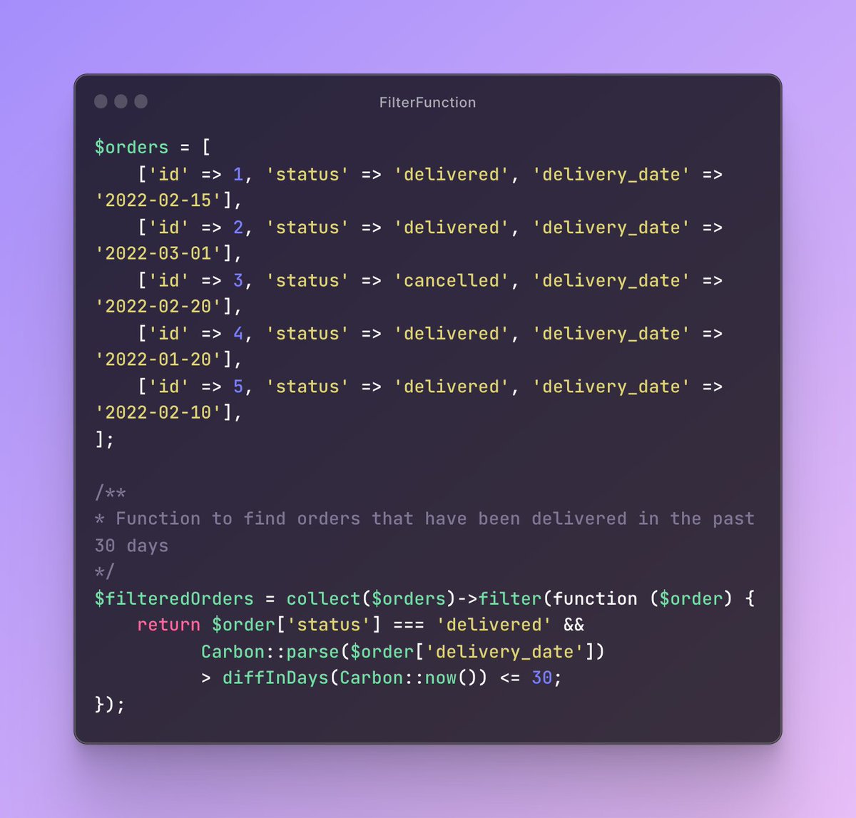 orphikkkk's tweet image. 🧐 Need to filter an array of objects in #Laravel? Use the 'filter' function! Here's an example that filters order data based on their delivery status in the past 30 days.
#PHP #FilterFunction
