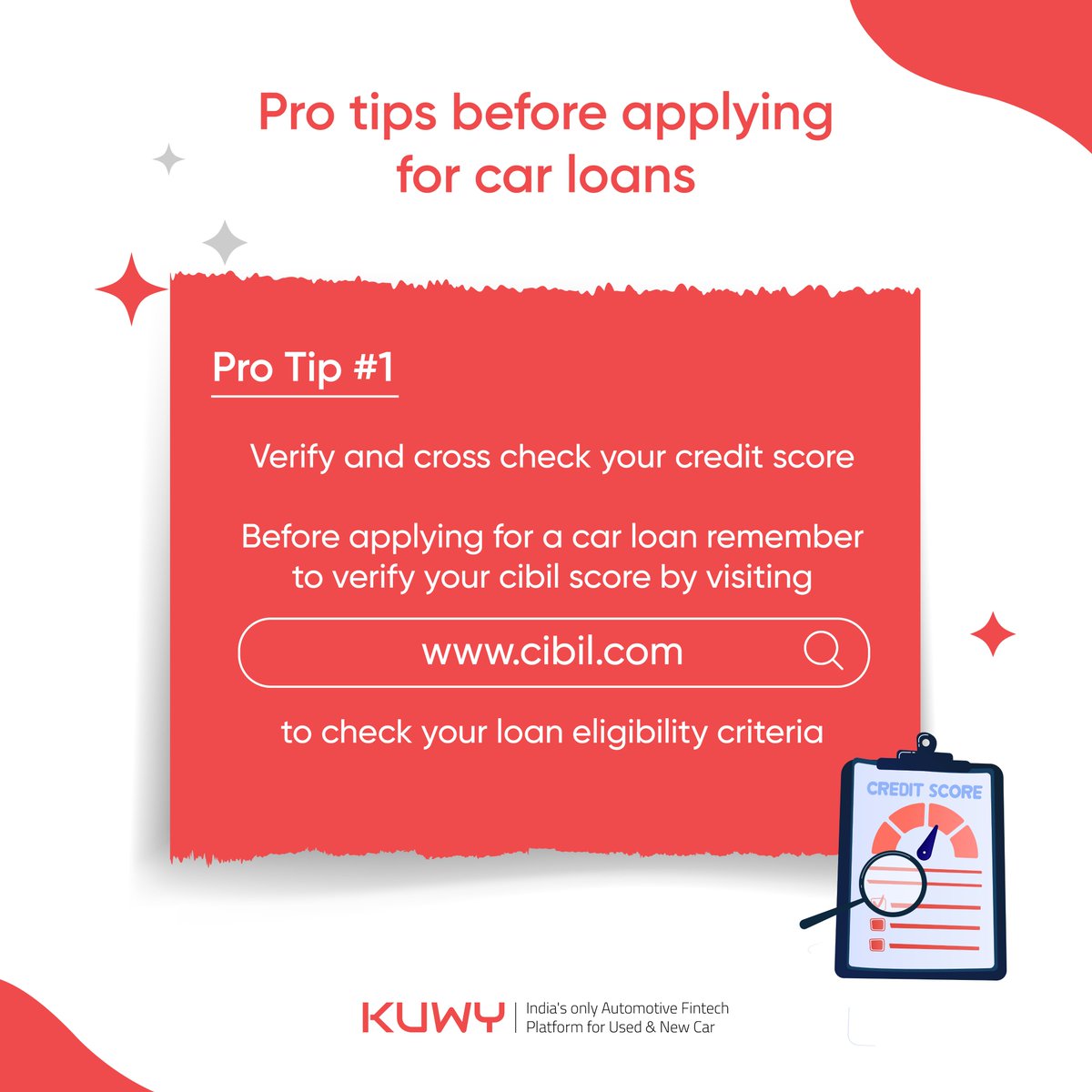 A series of pro-tips for you to keep in mind before applying for car loans. Save and share this now, and you'll know this is all you need. 
#kuwyforyou

#carloans #loaneligibility #cars #buycars #cardealers #kuwy #Carresale #resalevalue #carsafety #carmileage  #kuwycommunity #EMI