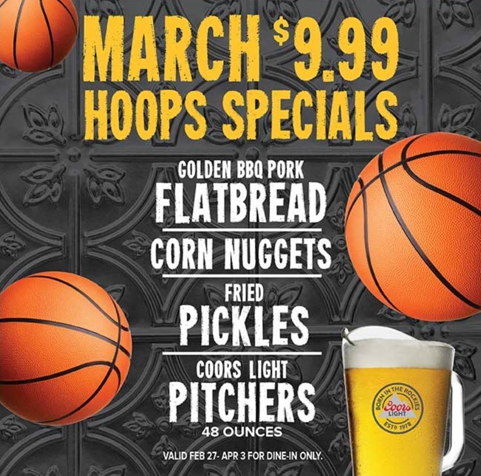 CALLING ALL SPORTS FANS! 📢
Have you heard about these $9.⁹⁹ #HoopsSpecials? 
🔹️Golden BBQ Pork Flatbread
🔹️Corn Nuggets
🔹️Fried Pickle Chips
🔹️Coors Light Pitchers
Check em out while you're watching the games on the BIG SCREEN at #CrookedPintMPLS!