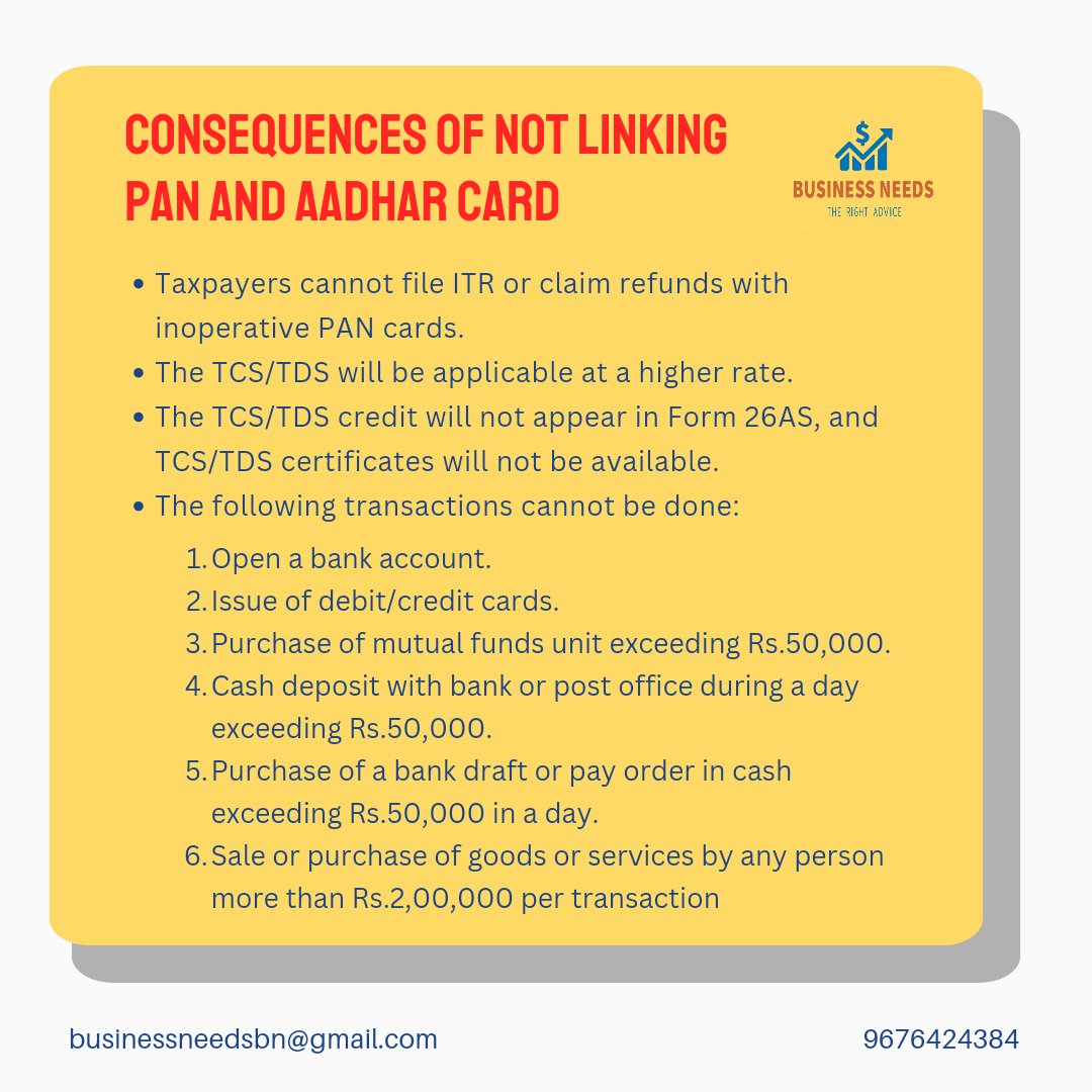needs_business's tweet photo. Link Aadhaar with Pan. Unlinked PAN will become inoperative ‼️Facing any query in the mentioned process, let us know we are here for you # Businessneeds @IncomeTaxIndia #Linkpanaadhaar #digitalindia https://t.co/1nVigZifIL
