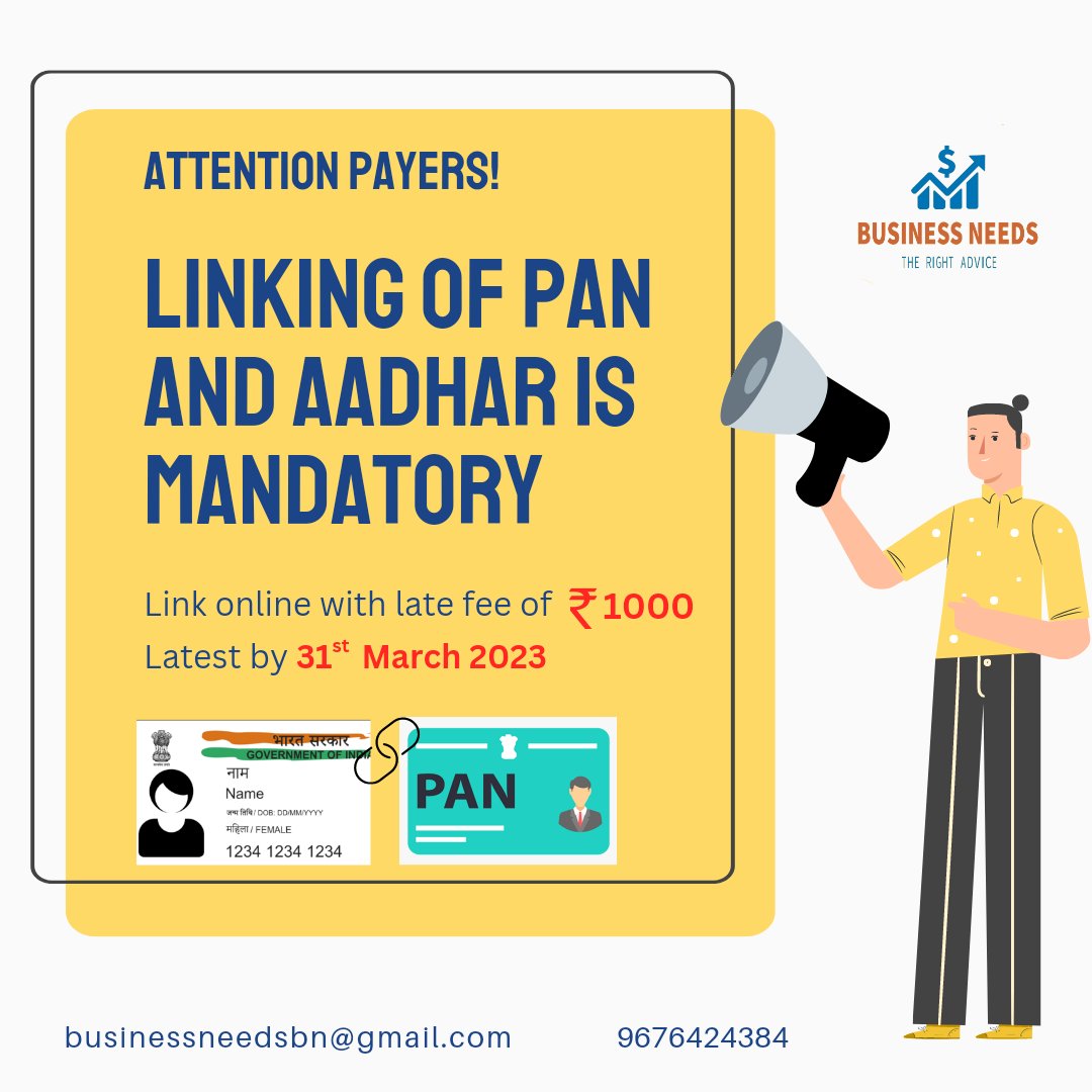 needs_business's tweet photo. Link Aadhaar with Pan. Unlinked PAN will become inoperative ‼️Facing any query in the mentioned process, let us know we are here for you # Businessneeds @IncomeTaxIndia #Linkpanaadhaar #digitalindia https://t.co/1nVigZifIL