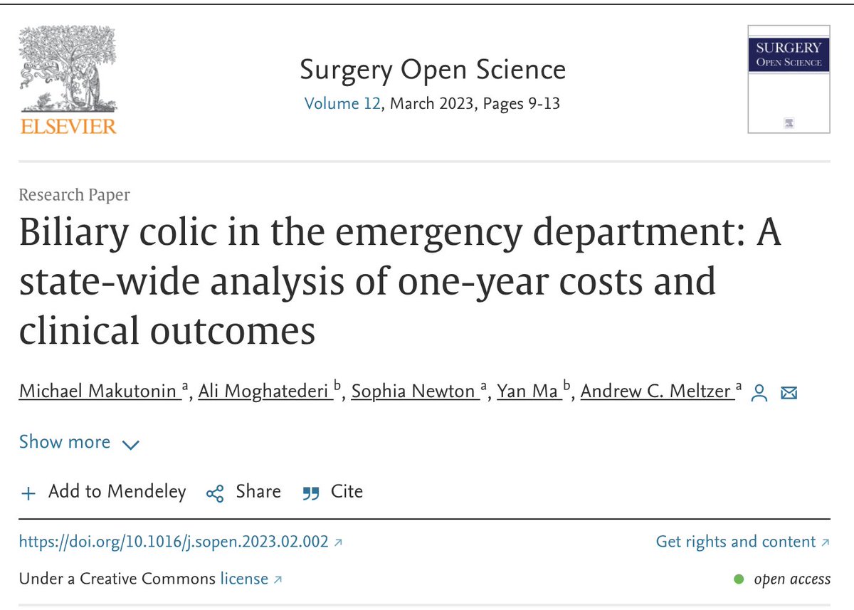 The latest issue contains this work on healthcare costs and outcomes of patients with biliary colic seen in the emergency dept. #OpenScience 
Full article here: sciencedirect.com/science/articl…