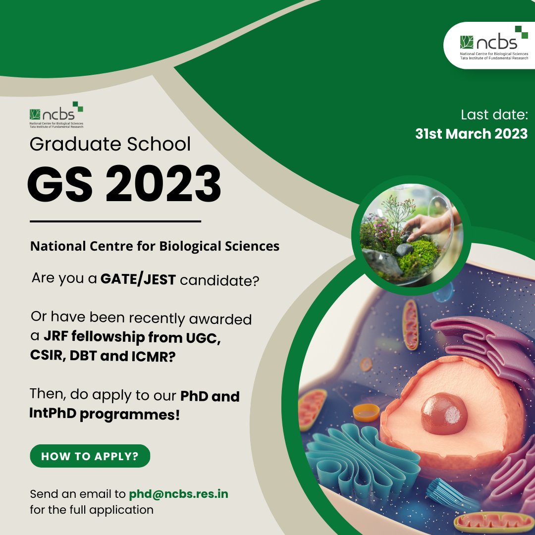 Applications are open to the joint #NCBS/<a href="/DBT_inStem/">iBRIC-inStem</a> PhD programme!

Admission procedure: lnkd.in/gEsA5RxU

To apply, email us on phd@ncbs.res.in

The last date to apply is 31st March!

#AcademicTwitter #research #Phd #admissionopen #Biology #Sciences