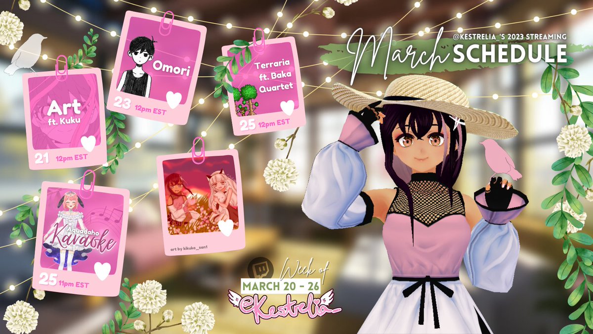 Kestrelia_'s tweet photo. WEEKLY SCHEDULE
MARCH 20-26, 2023

【TAGS】
🐦 General #kestrelia
🐦 Live #kesLIVE 
🐦 Art #kesART 
🐦 Memes #kesMEME 

All week in Discord, I shall be making lineart for our animation project, and will color and assemble them during stream~

RTs appreciated 💖 https://t.co/rmyNKs9m5Y