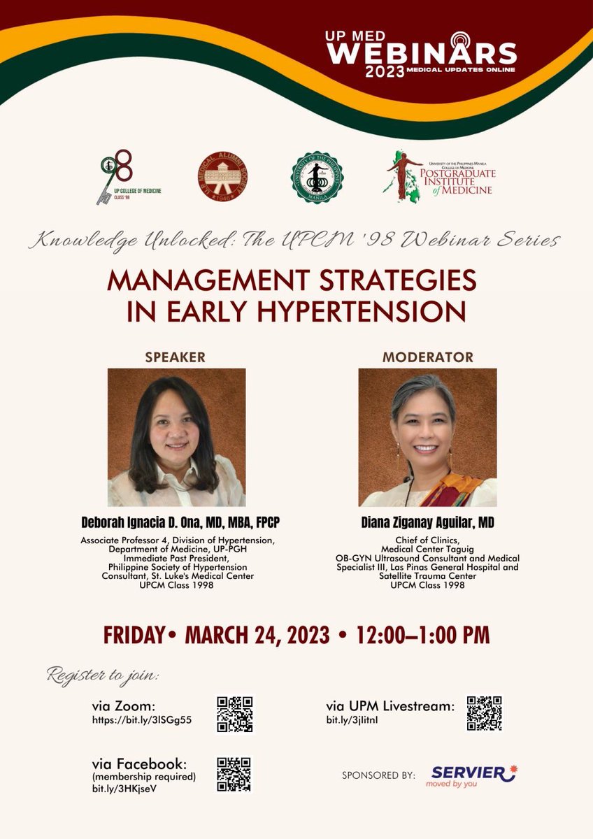 UPCM98's tweet photo. Join us in MANAGEMENT STRATEGIES IN EARLY HYPERTENSION on Mar 24, Fri, 12NN,brought to you by the 2023 Silver Jubilarians, UPCM 98!
β’ Zoom β https://t.co/zpjboC0C9X
β’ Facebook β https://t.co/cWCFvxAOpI
β’ UPM Livestream β https://t.co/jm6qmPOnFl
#UPCM98 @UPManilaOnline https://t.co/1tGX3UVsus
