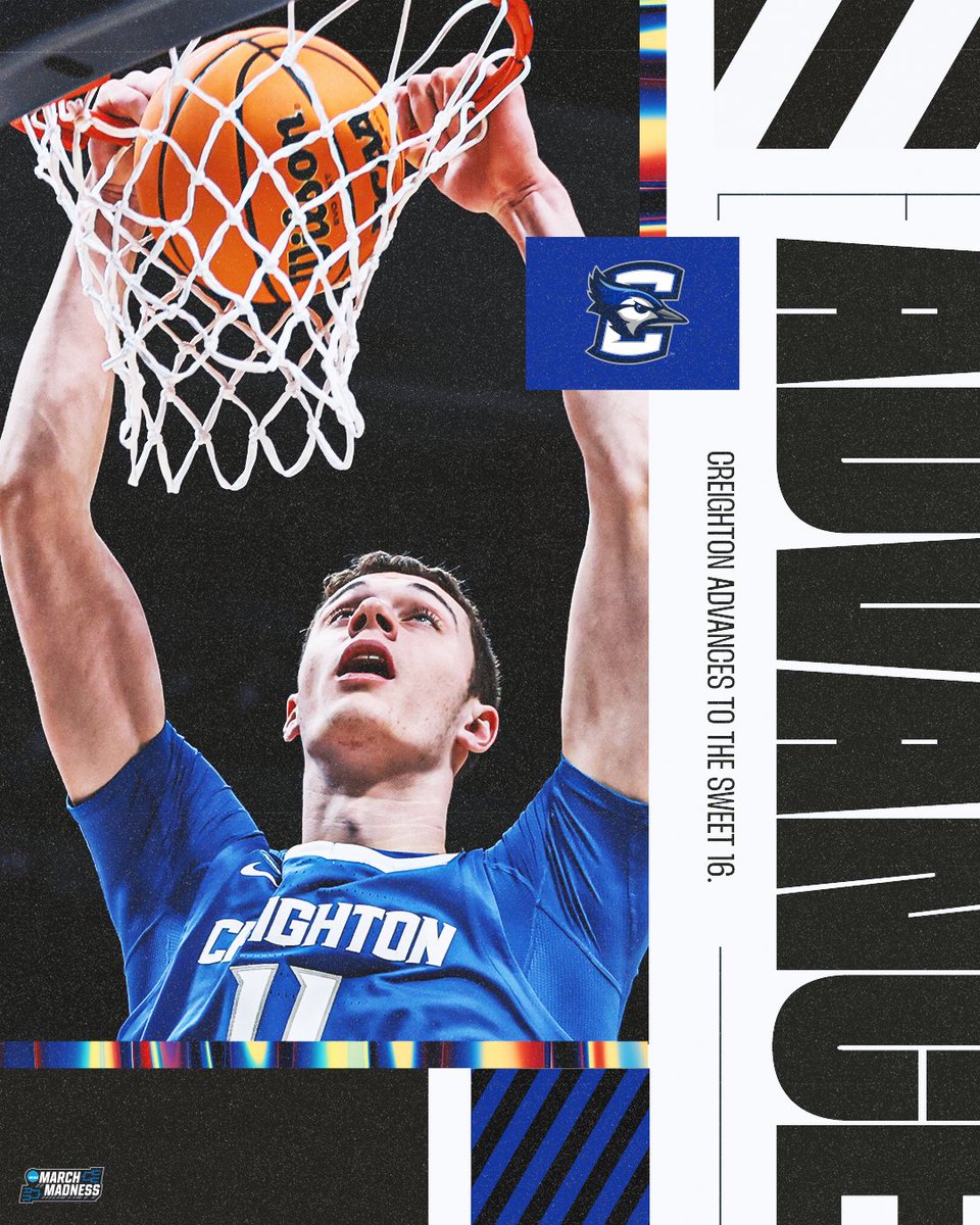 MarchMadnessMBB's tweet photo. BLUEJAYS SOAR INTO THE SWEET 16 💪

(6) Creighton puts up a big performance against (3) Baylor to win 85-76!

#MarchMadness https://t.co/fW6xBL3Ndy