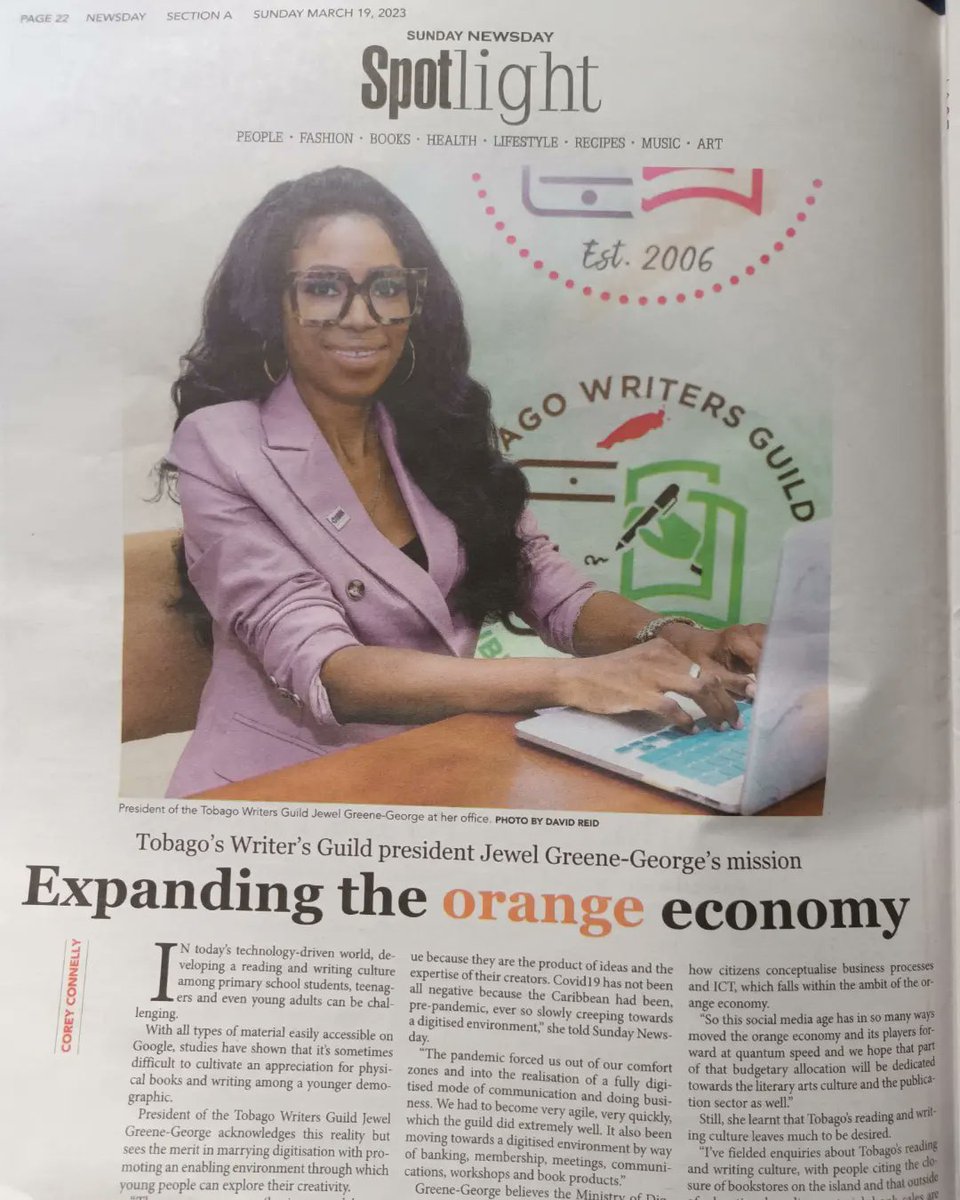 JewelRGreene's tweet photo. My #background #passions #tobagowritersguild π #orangeeconomy & #Tobago
https://t.co/6TRQC3ysgH
πΈ
Thank you @Newsday_TT & journalist #CoreyConnelly for the feature.
πΈ
#Author #Writer #Creative #LiteraryArts #OE #TWG #JRGreene #JRG #Writing #Bibliophile #Logophile #Caribbean https://t.co/CJPoKI8cvS