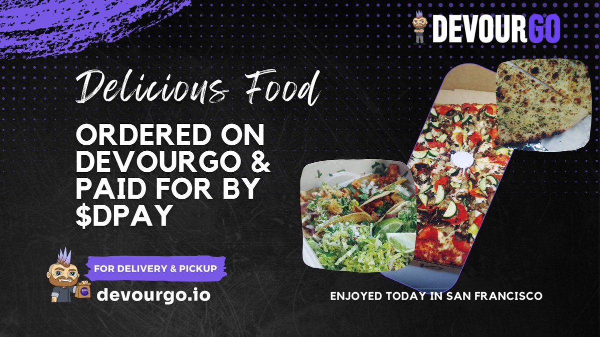 GoDevour's tweet photo. Love it when our fans share pics!
Delicious food aplenty on https://t.co/vqATwZILxK, the only place for #web3 pickup/delivery.
Bought with $DPAY.
#web3food
#web3delivery
#orderfoodwithcrypto
#web3restaurant
#eatplayearn
#sanfrancisco https://t.co/cGnM5BAZx8