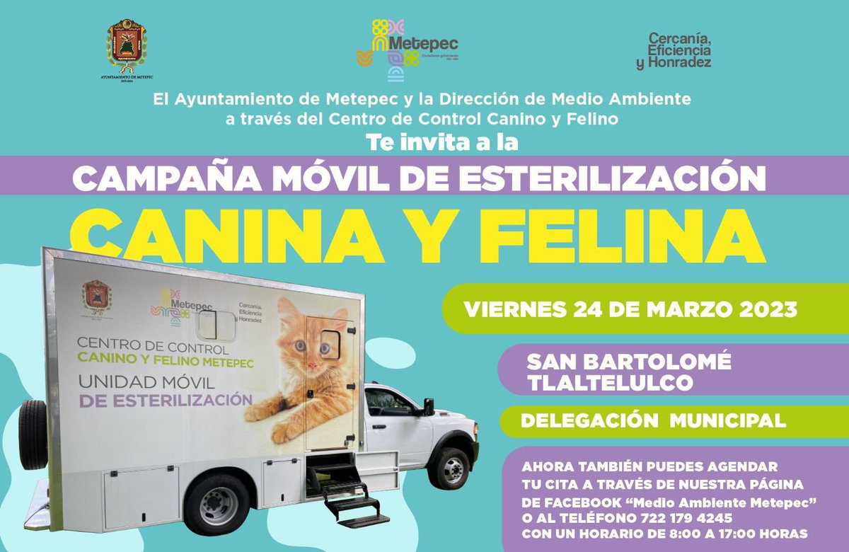MetepecAmbiente's tweet photo. Agenda tu cita y fomenta la tenencia responsable de mascotas. La próxima jornada móvil de esterilización será en “ SAN BARTOLOMÉ TLALTELULCO ”. Te esperamos.
#CiudadanosGobernando https://t.co/9Q5Q06jZip