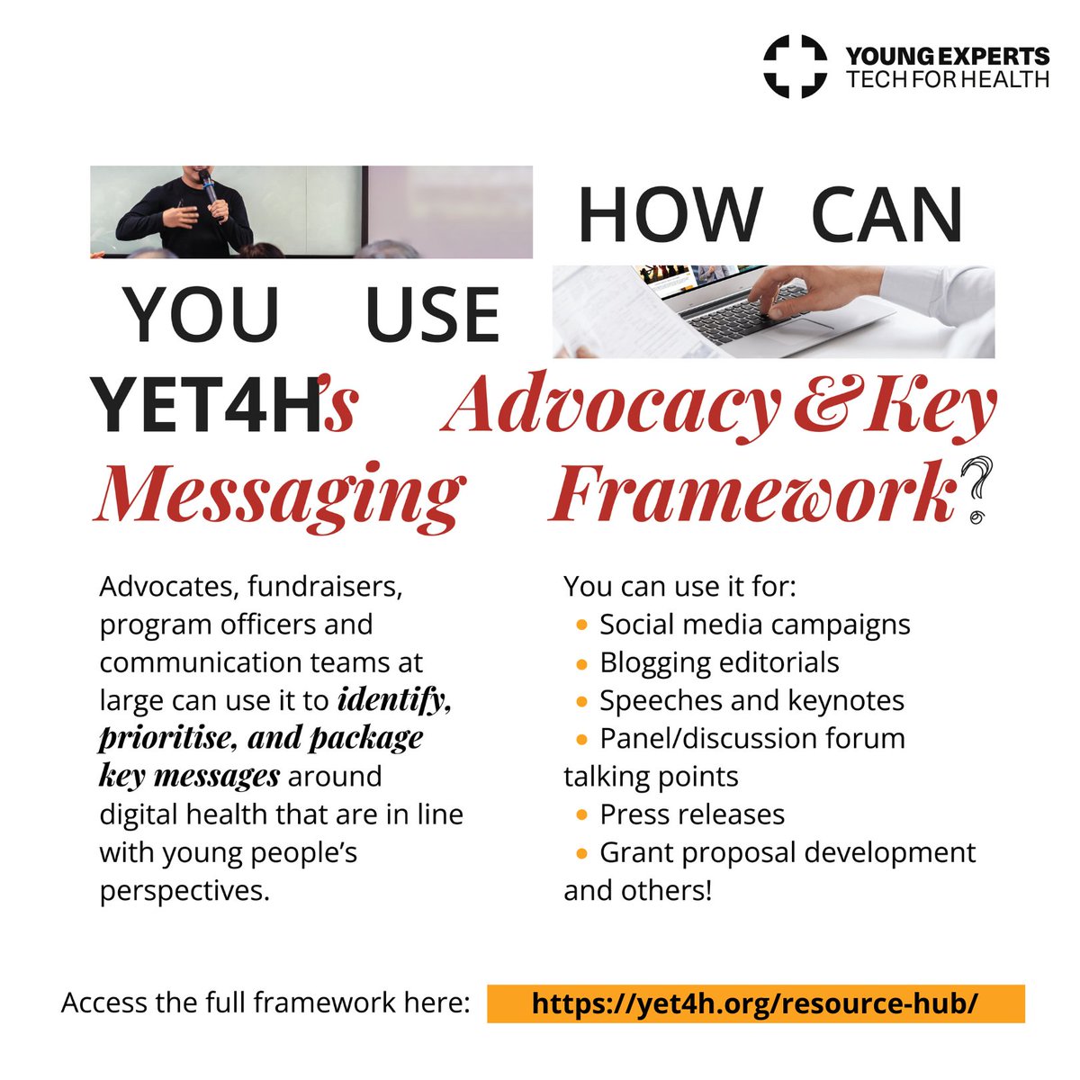 Our Advocacy and Key Messages Framework is now launched; this document outlines key advocacy messages to help advance Meaningful Youth Engagement in the decision making and evaluation of digital health interventions.

Check it out: yet4h.org/wp-content/upl…