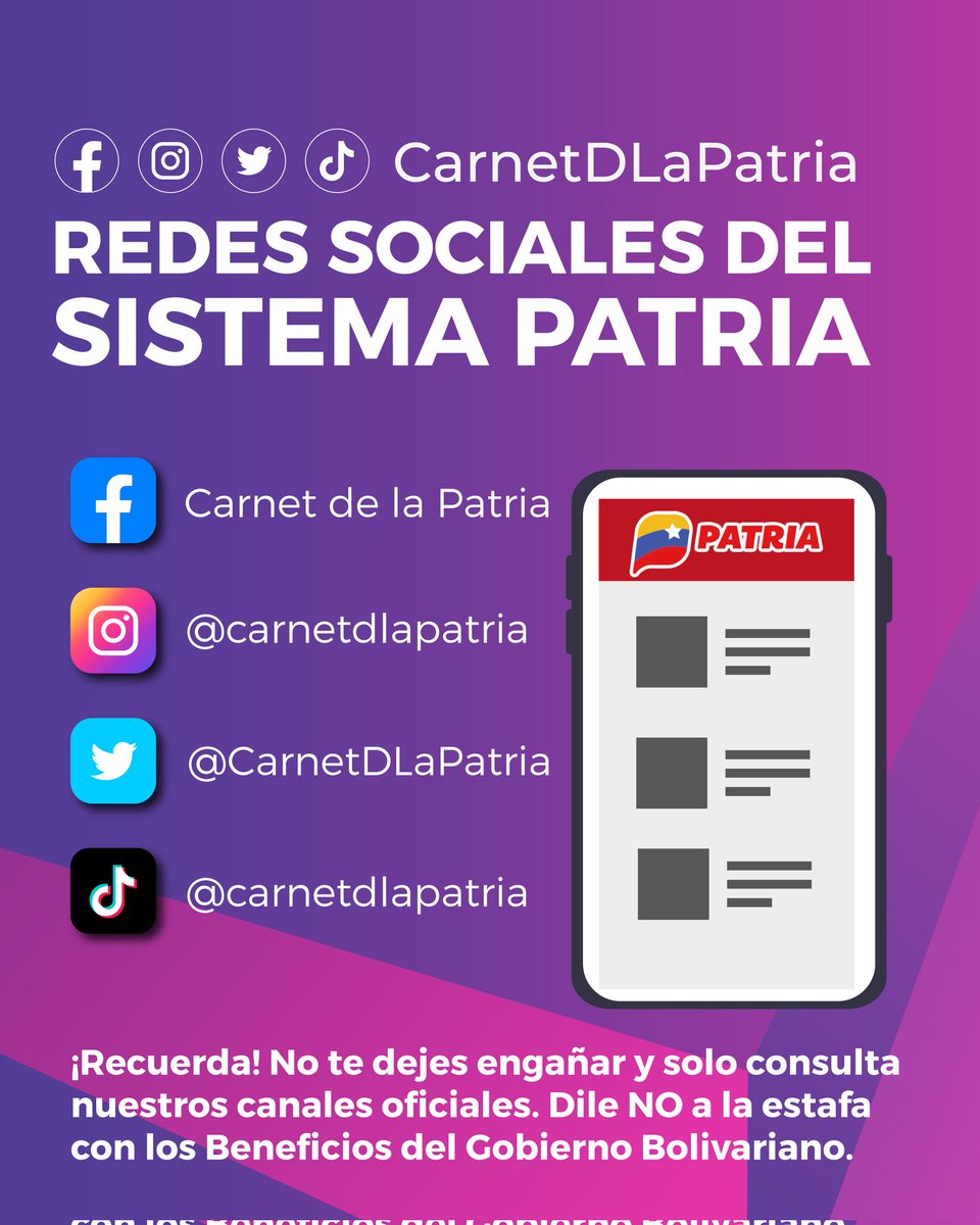 CarnetDLaPatria's tweet photo. #Aquí Nuestras únicas redes sociales. 
¡SIGUENOS!
No te dejes engañar y consulta nuestros canales oficiales.
Di NO a la estafa con los Beneficios del Gobierno Bolivariano.

#ManoDuraContraLosCorruptos #19Mar https://t.co/z95CudT2Va
