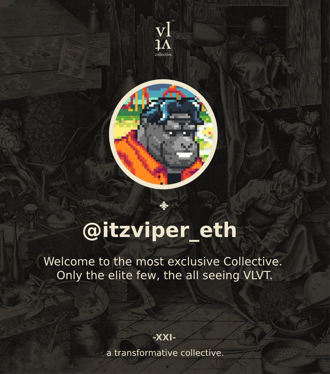 JoinTheVLVT's tweet photo. Welcome to the Collective @itzviper_eth  .

Only the elite few, the all seeing VLVT. https://t.co/m6hSJmoyx7