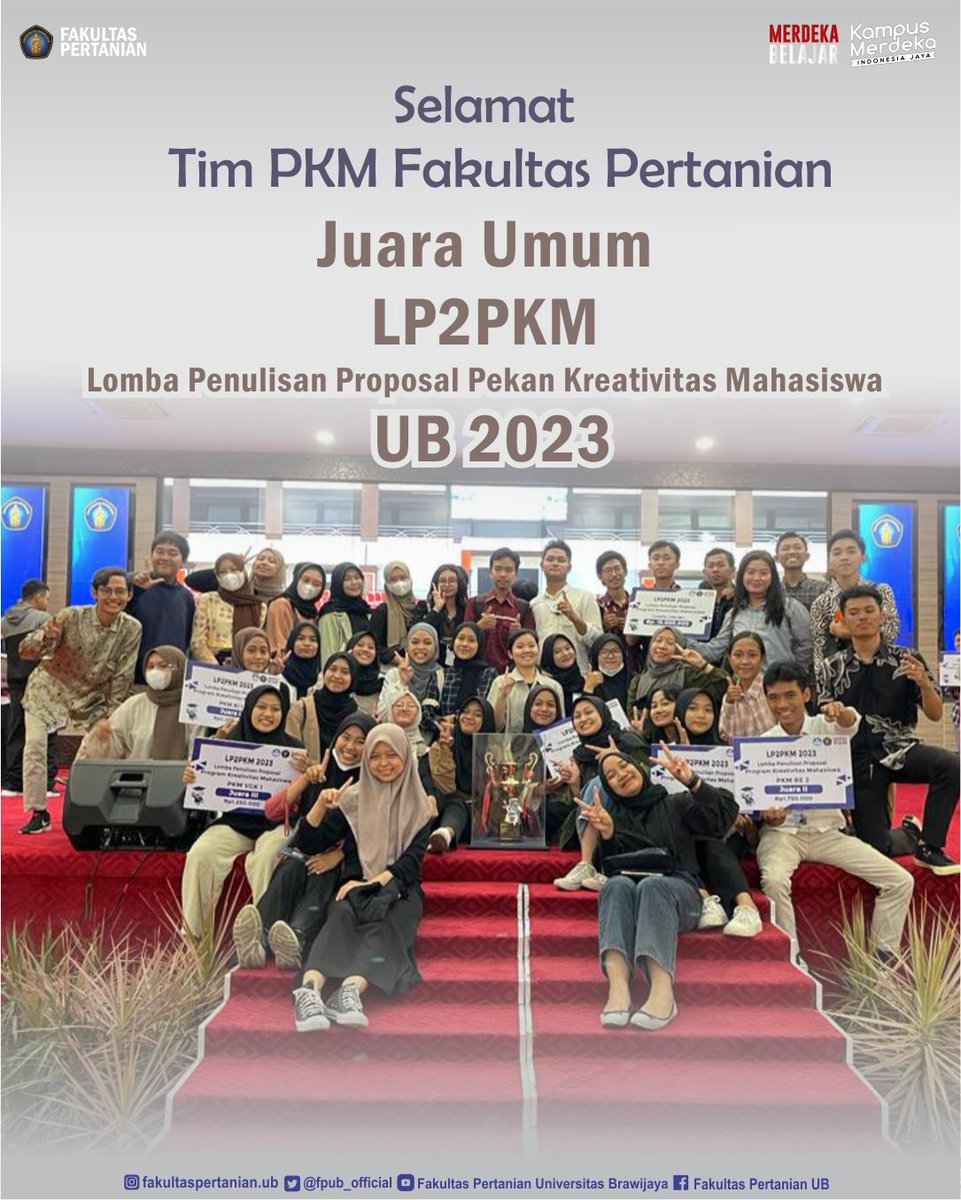 RT fpub_official "Selamat...
Tim PKM Fakultas Pertanian
mendapatkan Juara Umum
dan Piala Bergilir Rektor Universitas Brawijaya

Lomba Penulisan Proposal Pekan Kreativitas Mahasiswa (LP2PKM) 2023

great job...welldone...vamos.. "