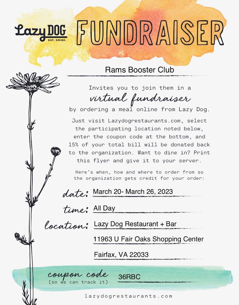 Help support <a href="/RobinsonFBall/">Robinson Football</a>! Dine at Lazy Dog Fair Oaks Mon 3/20-Sun 3/26. Use coupon code *36RBC* or print the flyer and bring it on site. The team gets 15% of your total bill. 🤩 Now that’s #backingtherams! 🏈🐏💙💛#robinsonrams #hornsup