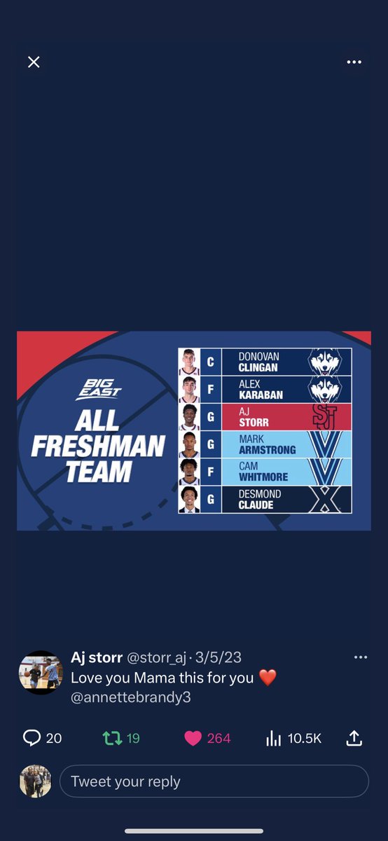 annettebrandy3's tweet photo. Watching the NCAA tournament and seeing how hard the big east plays makes me even more proud of this young man. I certainly wish he had an opportunity to play in the NCAA but the big east has proven it is one of the most competitive conferences in the country. #nextlevelkid https://t.co/tuc35DFALz