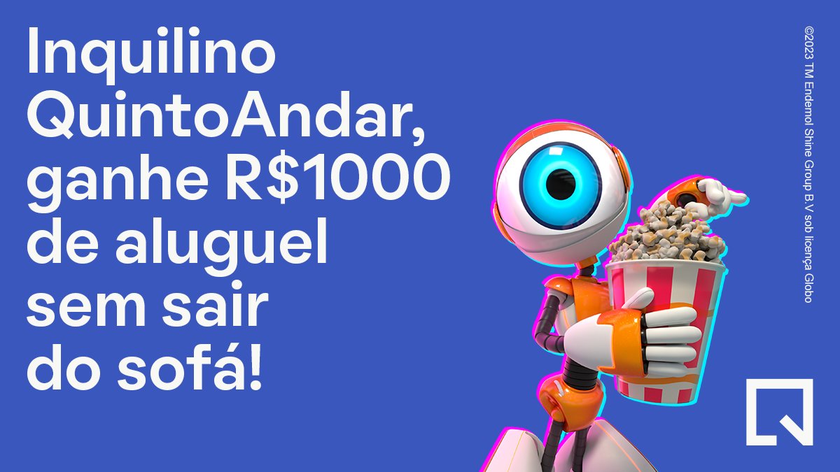 quintoandar's tweet photo. Inquilino, daqui a pouco é sua chance de levar R$1k de aluguel! Seja um dos 50 primeiros a:

📸 Tirar uma foto no seu apê QuintoAndar assistindo nossa prova hoje e postar com #QuintoAndarNoBBB (precisamos ver o que você tá assistindo)
🚨 Cadastrar no link: https://t.co/FVDlLw14Tc https://t.co/ObmZ426lOc