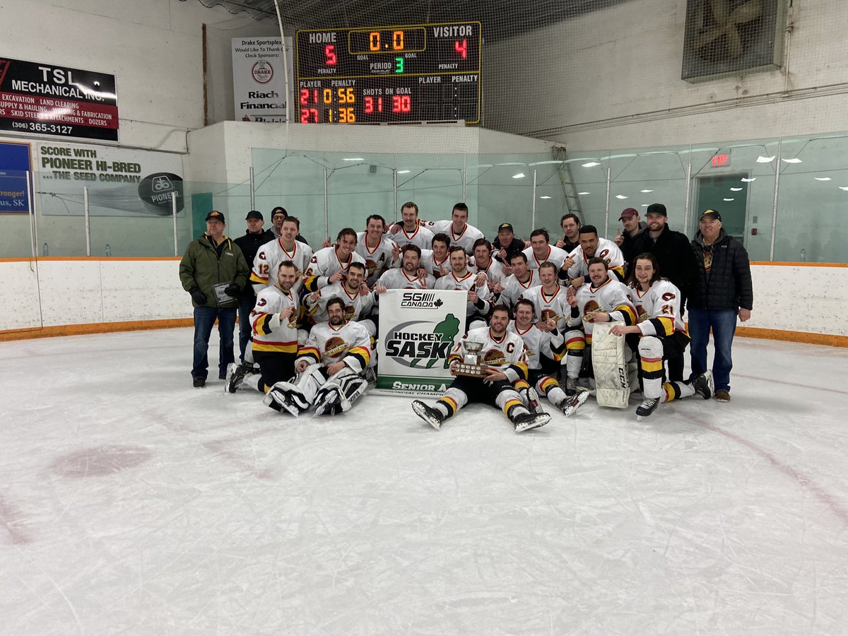 twmnews's tweet photo. The Drake Canucks win the Senior A provincial final 5-4 over Wynyard making it back to back years for the Canucks. https://t.co/p6CUZpempn