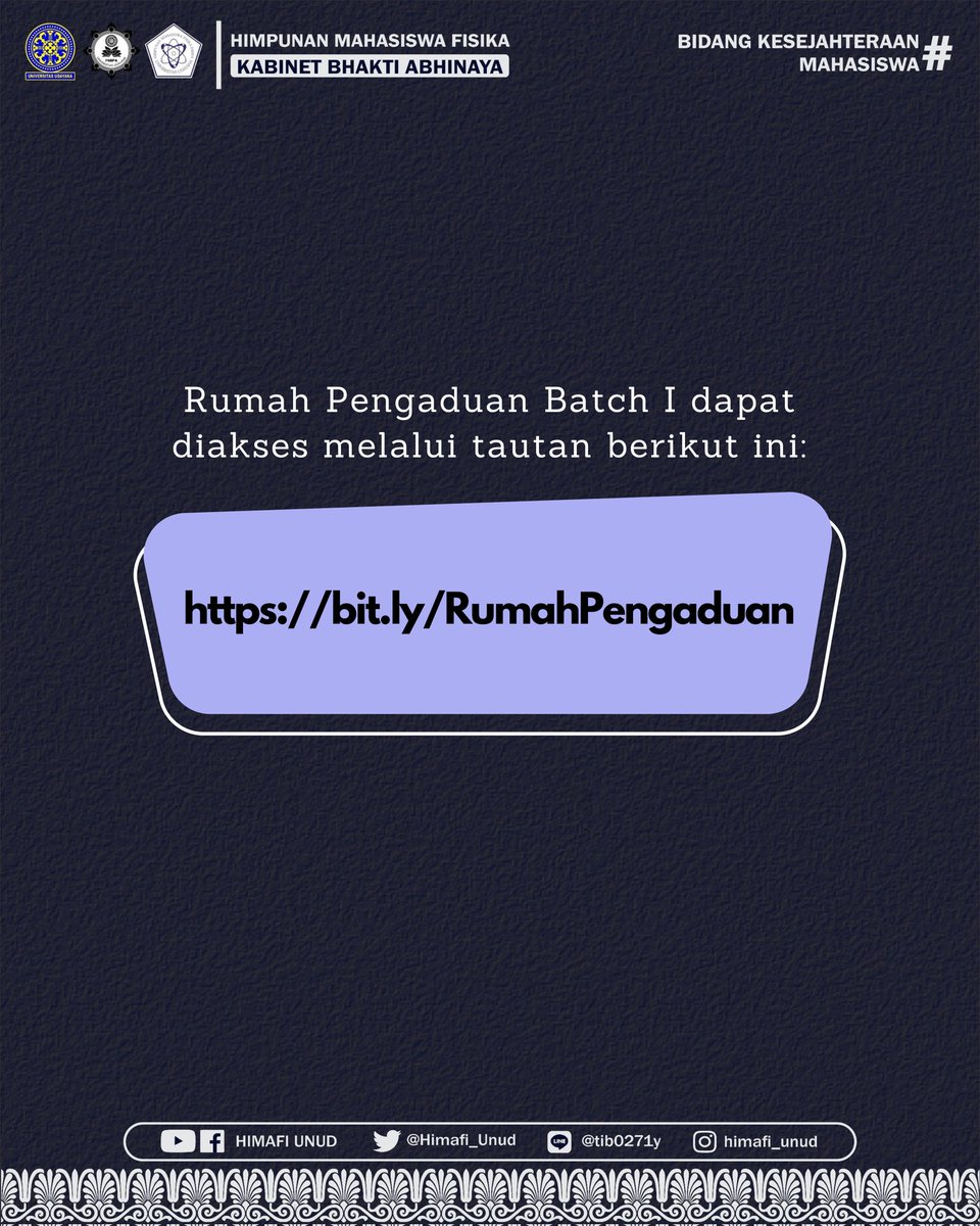 HIMAFI_UNUD's tweet photo. 📢[RUMAH PENGADUAN]📢

Hallo Civitas Fisika Udayana !! 🙌🏻

Kami dari Bidang Kesejahteraan Mahasiswa dengan Program Rumah Pengaduan, ingin mengajak teman-teman dari Fisika Udayana untuk memberikan aspirasi kalian untuk memajukan Fisika lebih baik lagi. https://t.co/dwblMkSBnZ