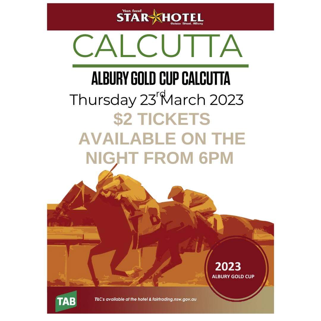 Albury Gold Cup Calcutta this Thursday 23rd March, @ the Star Hotel Albury

#alburygoldcupcalcutta #alburyraces #starhotelalbury #bestvenueontheborder