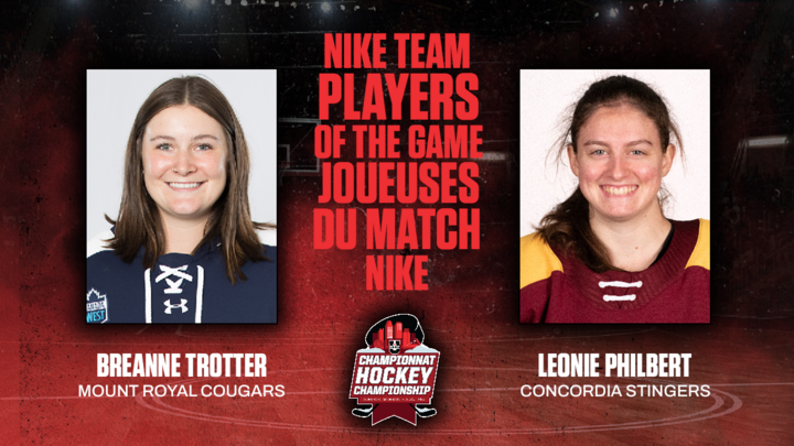 🏒 WHCK: Congratulations to Mount Royal's Breanne Trotter and  Concordia’s Leonie Philbert on being named Nike’s players of the game!

🏒 HCKF : Félicitations à Breanne Trotte de 
<a href="/MRUCougars/">Mount Royal Cougars</a>  Leonie Philbert de <a href="/The_Stingers/">Concordia Stingers</a>   d’avoir été nommé joueuses!
