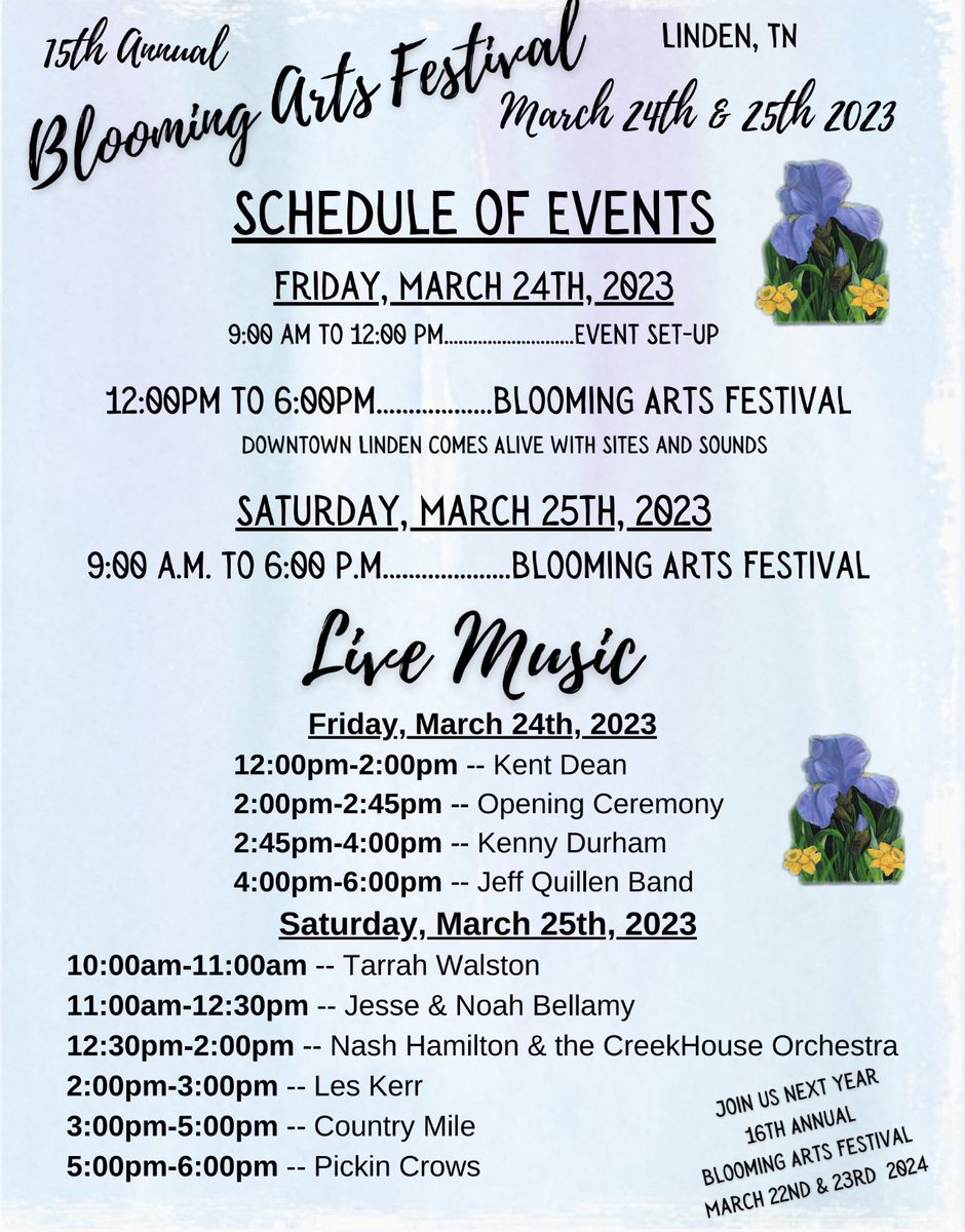 LesKerr's tweet image. Looking forward to playing in Linden, Tennessee Saturday, 3/25/23 2pm at Blooming Arts Festival #bloomingartsfestival #lindentn