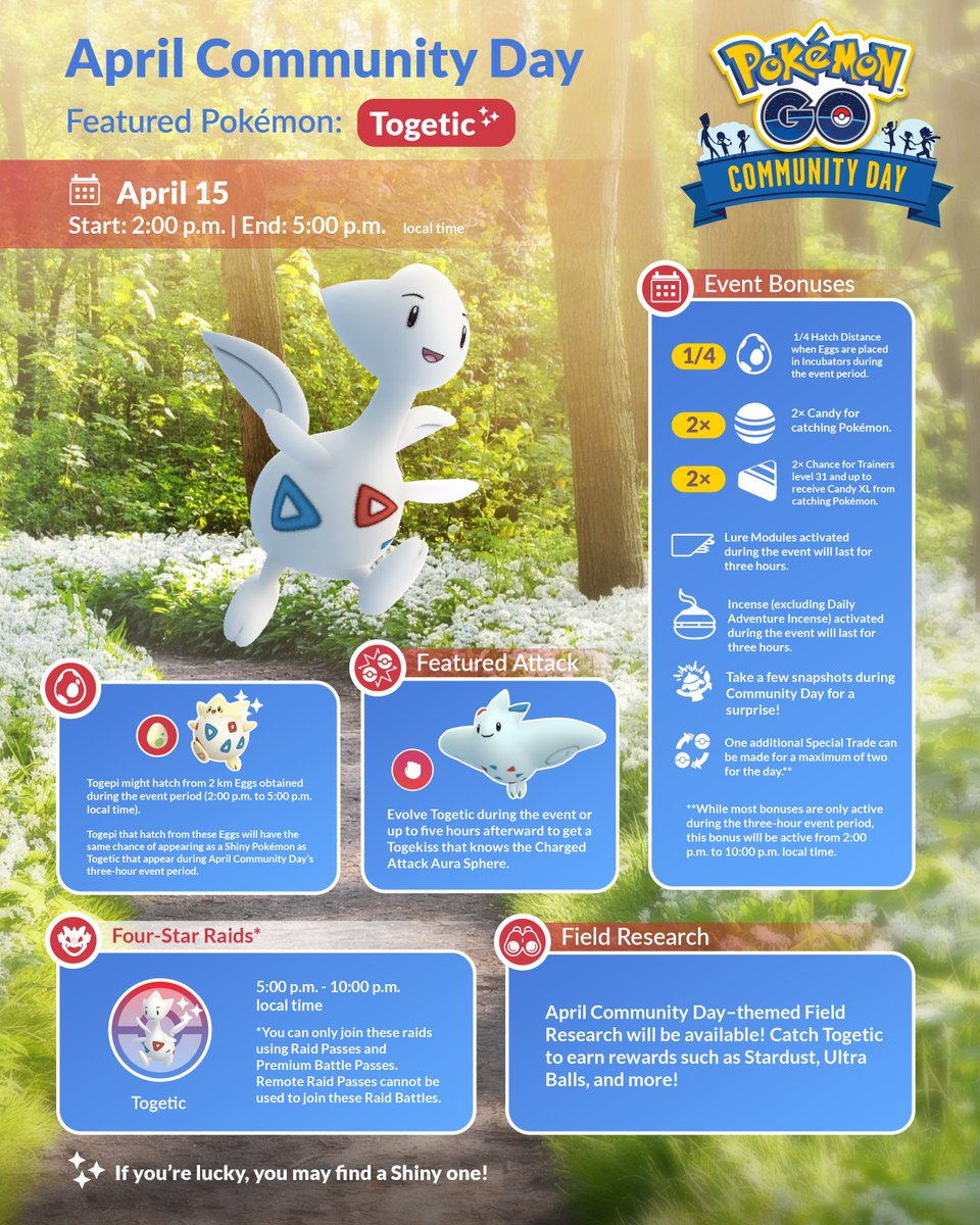 Happiness is in the air this #PokemonGOCommunityDay!

Join your community on April 15 for Togetic Community Day from 2:00 p.m. to 5:00 p.m. local time!

pokemongolive.com/en/post/commun…