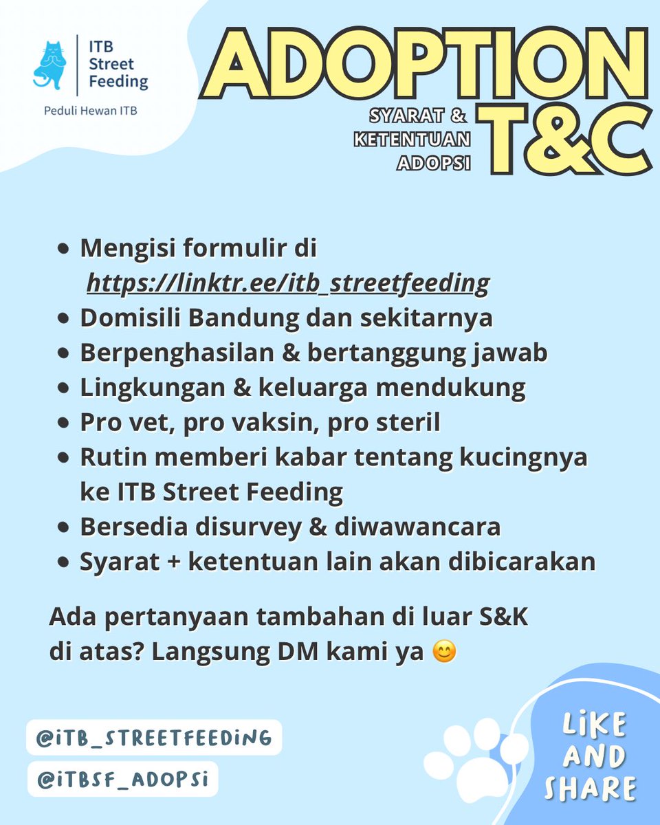 ITBSF's tweet photo. Kitten asuhan ITBSF siap diadopsi (20/03/2023)
Syarat dan ketentuan adopsi di foto ke-3 ygy. Formulir adopsi di https://t.co/vKal9a9aTp
#kucingitb #itbstreetfeeding #adopsijanganbeli #prosterilkucing #adopsikucingbandung https://t.co/hrk9FJgEkx