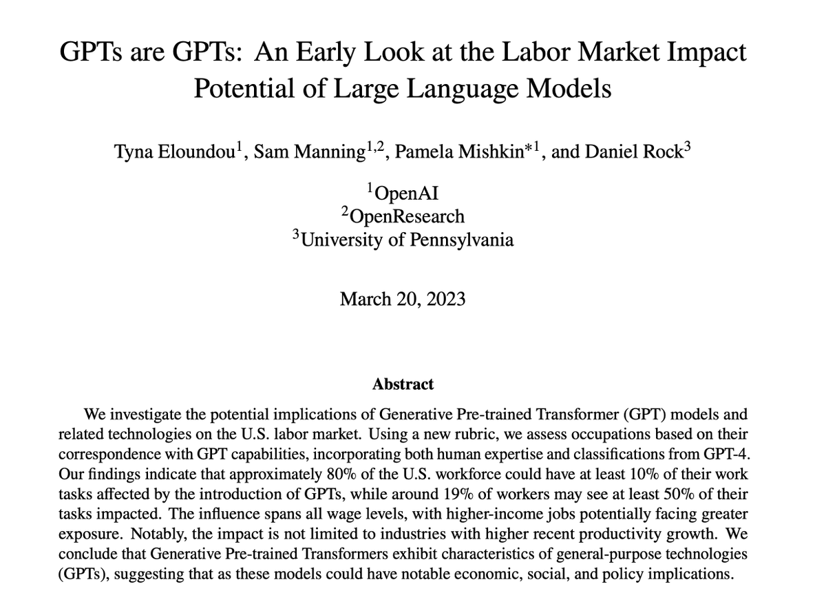 The 'Will GPT automate all the jobs?' paper is out With participation from @OpenAI, OpenResearch and @penn 🧵 1/9