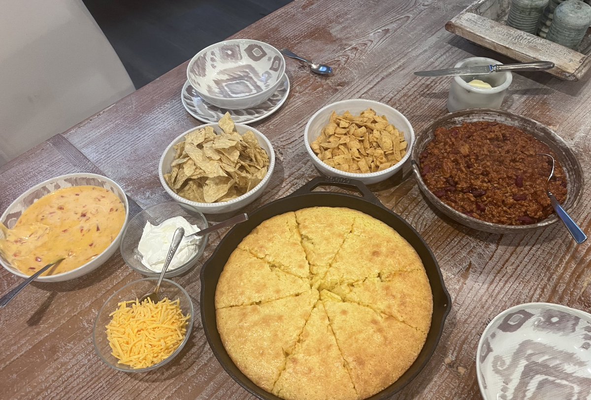 leaglundy's tweet photo. The most monochromatic dinner ever. Chili, Rotel, etc., requested by the freshman. Health first. 😂#endofspringbreak #twittersupperclub https://t.co/YBPvUCl9Sh