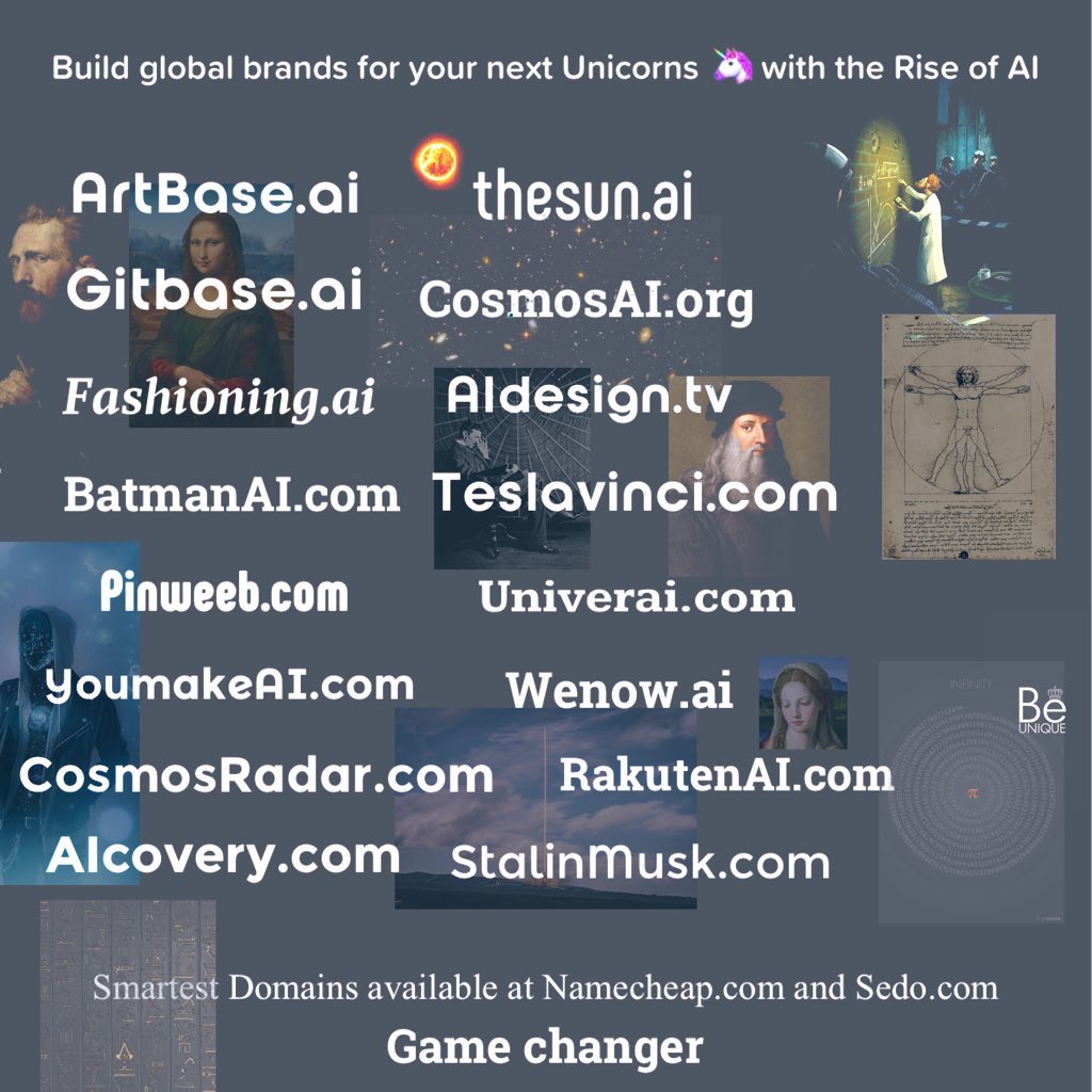 Smart Brands AI Domains for Next Unicorn 🦄 Startups #AIArtCommuity #AI #AIart #Domain #HumanArtists #Glaze #btc  #DomainNameForSale #Startup #Silicon #Silicon_Valley #openai #chatgpt4 #DIFFUSION #stablediffusion #Sedo #Namecheap #Ebay #Invest2023 #AIイラスト #USD #Web3 #blog #ai