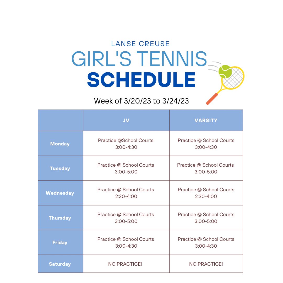 LCTennisTeam1's tweet photo. 🚨🚨WEEK UPDATES🚨🚨

• Practices this week are all at the school courts. 
• Wednesday is the final day to buy your tennis merch. 
• Due to it being outside, dress warm please! 
•#willie https://t.co/gKw3imfn9Q