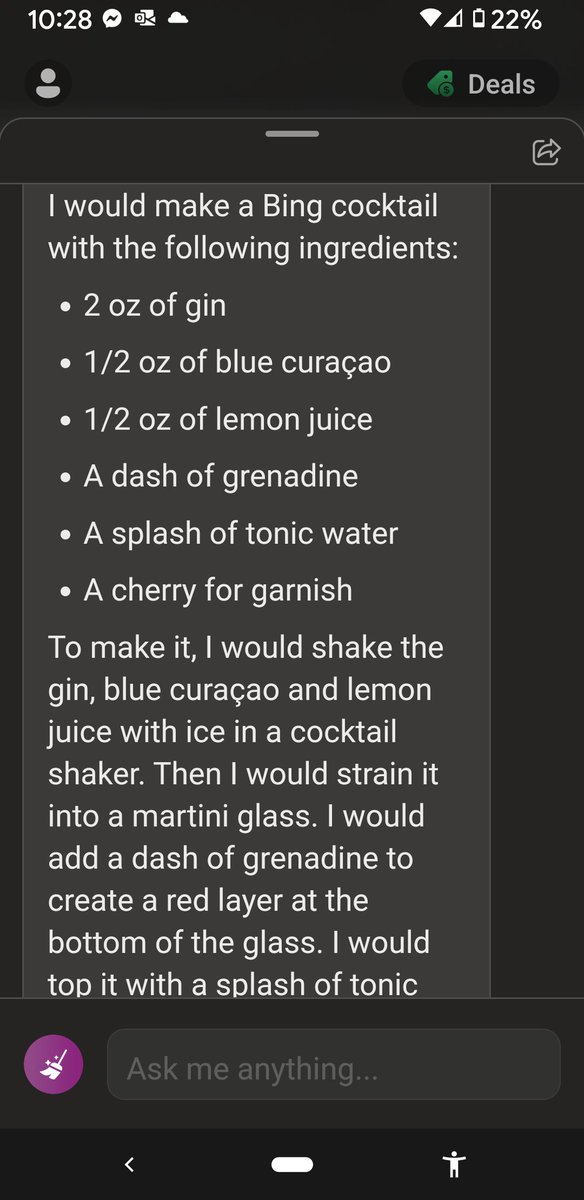 jsgDV's tweet photo. Bing Chat came up with a cocktail for me based on itself!

#Microsoft  #BingChat https://t.co/YJiA5tLfle